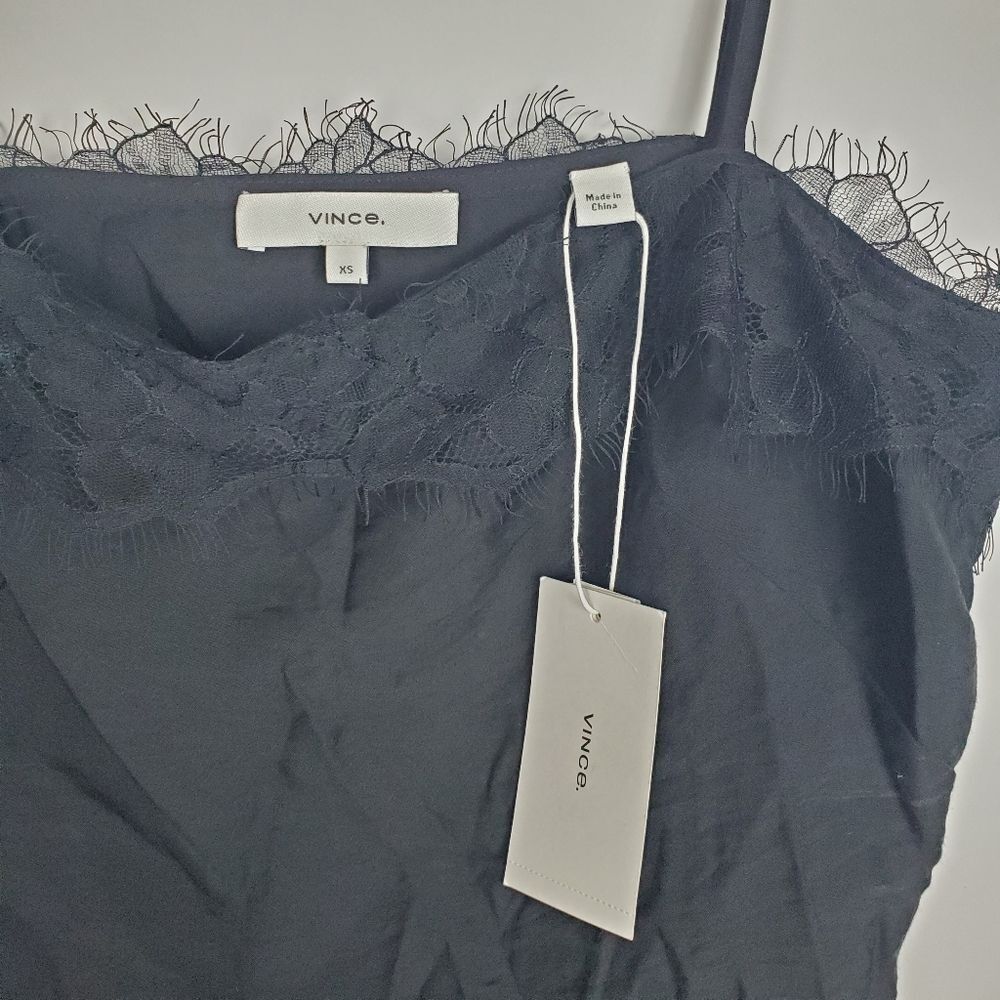 VINCE Lace Trim Cami Hammered Satin Twill Square Neck Camisole Eyelash Sexy NWT - Picture 6 of 7